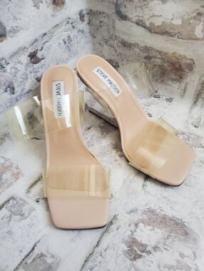 Steve Madden Clear Lucite Double Strap Square Toe Nude Heeled Sandals Size 6M